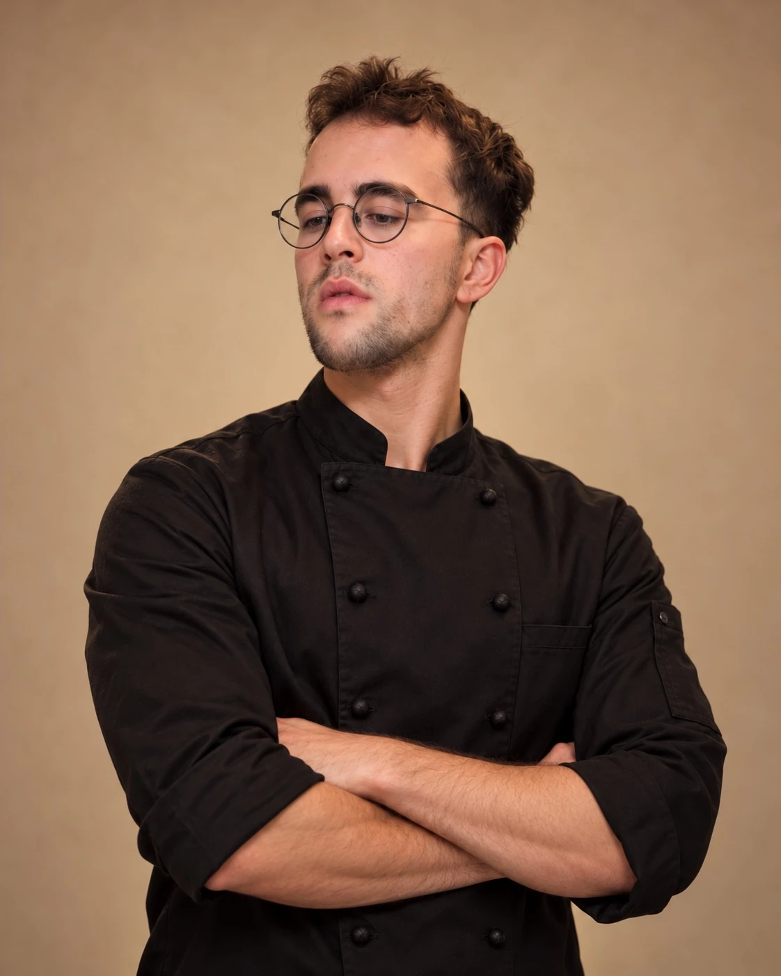 Portrait de Jérémie sur fond beige, en tenue noire